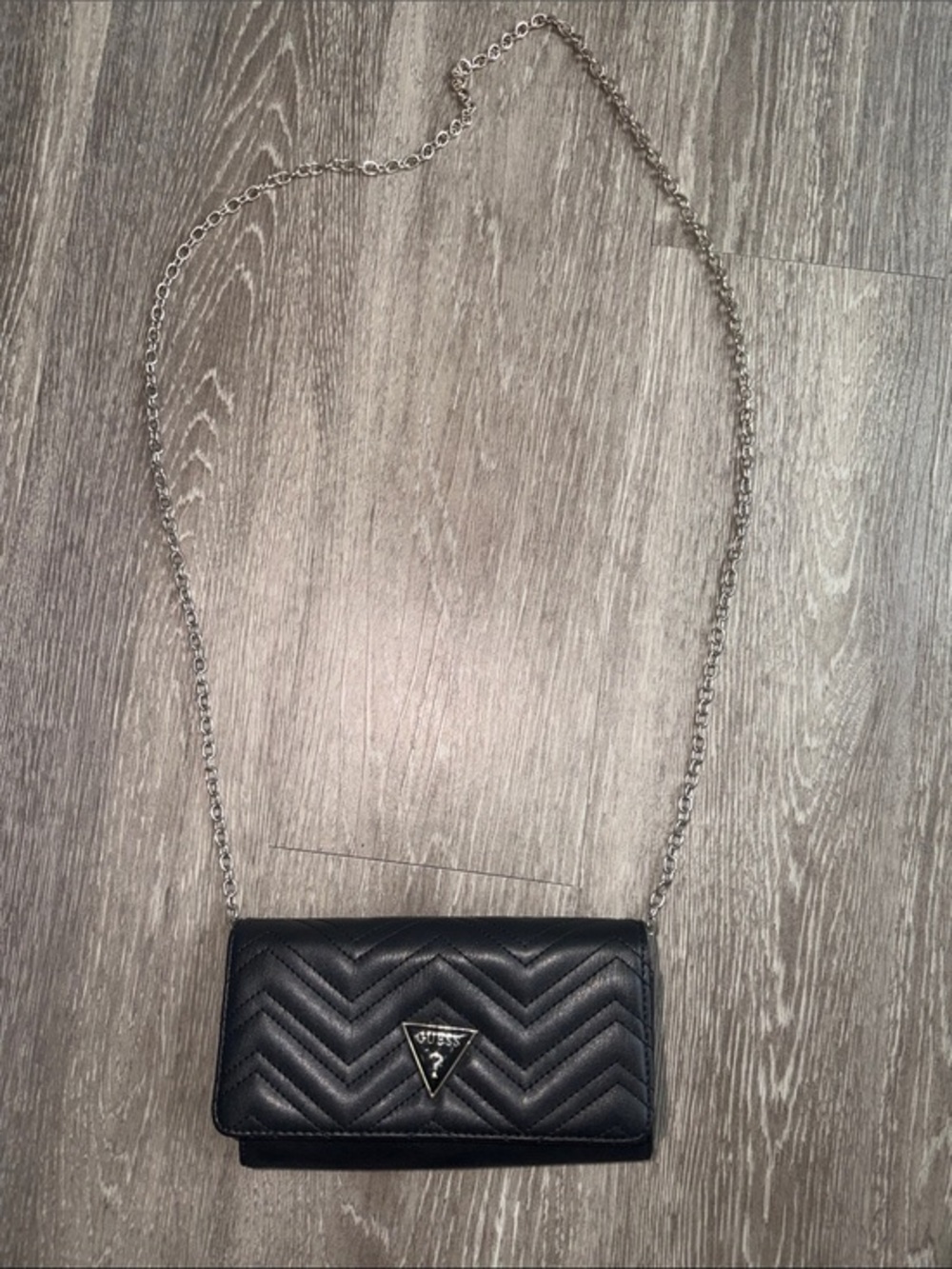 GUESS Black Quilted Chevron Crossbody with Silver Chain